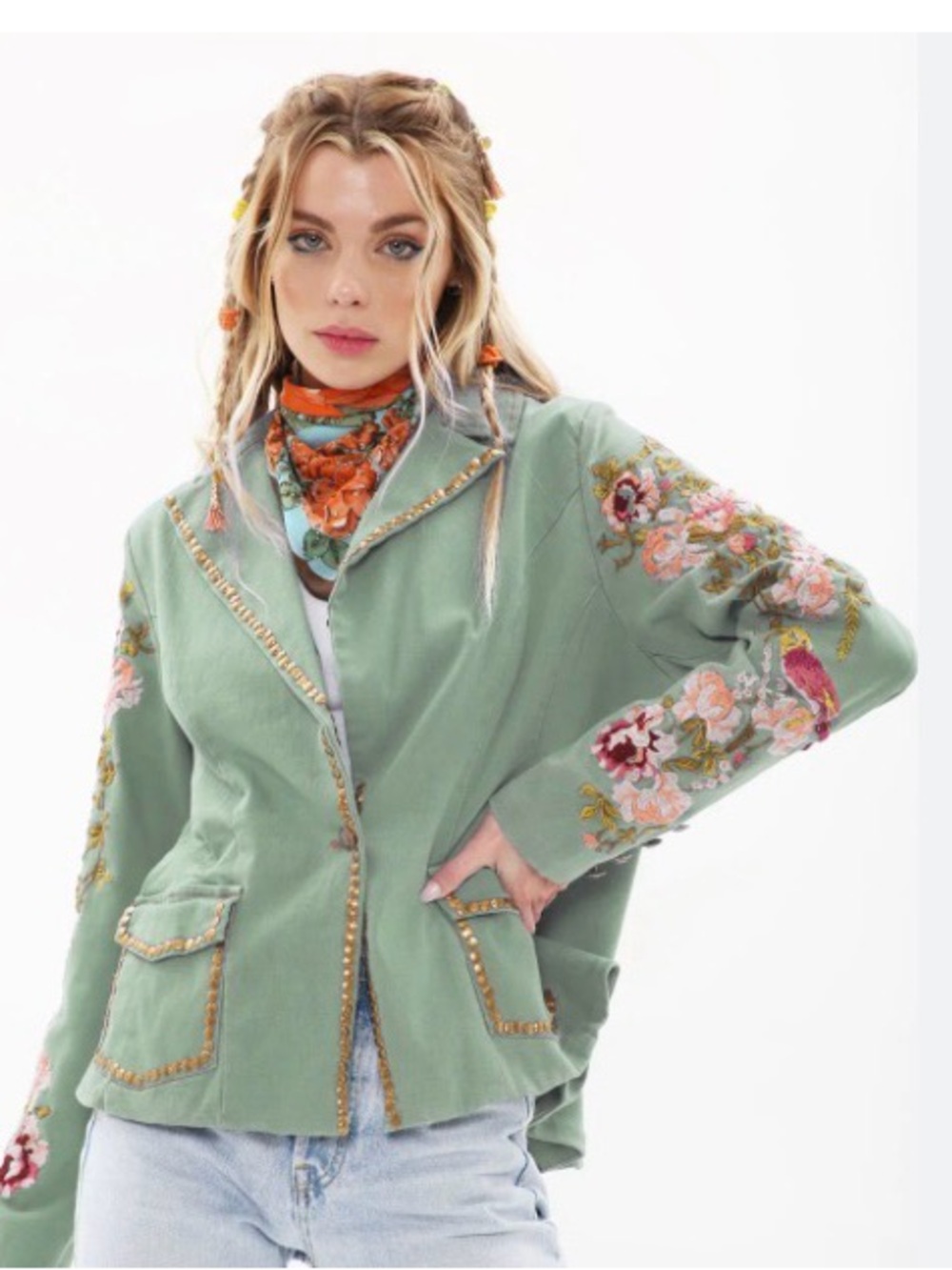 Embroidered Sage Green Women's Blazer Jacket